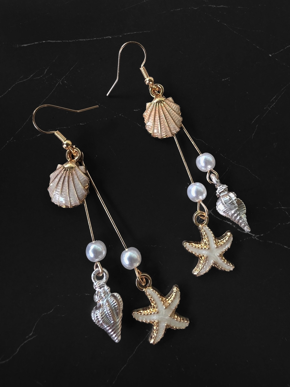 Starfish Pearl Shell Dangle Earrings Beach Mermaidcore Gold Statement Jewelry
